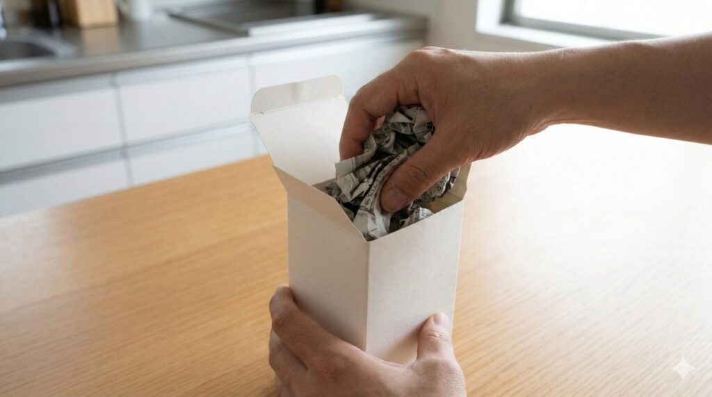 大量のホウ砂水を処分するため、空の牛乳パックに古新聞を詰めて吸わせる準備。