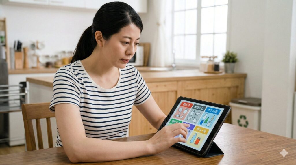 タブレット端末を使って、お住まいの自治体のゴミ分別表を検索し、ホウ砂の捨て方を確認する日本人女性。