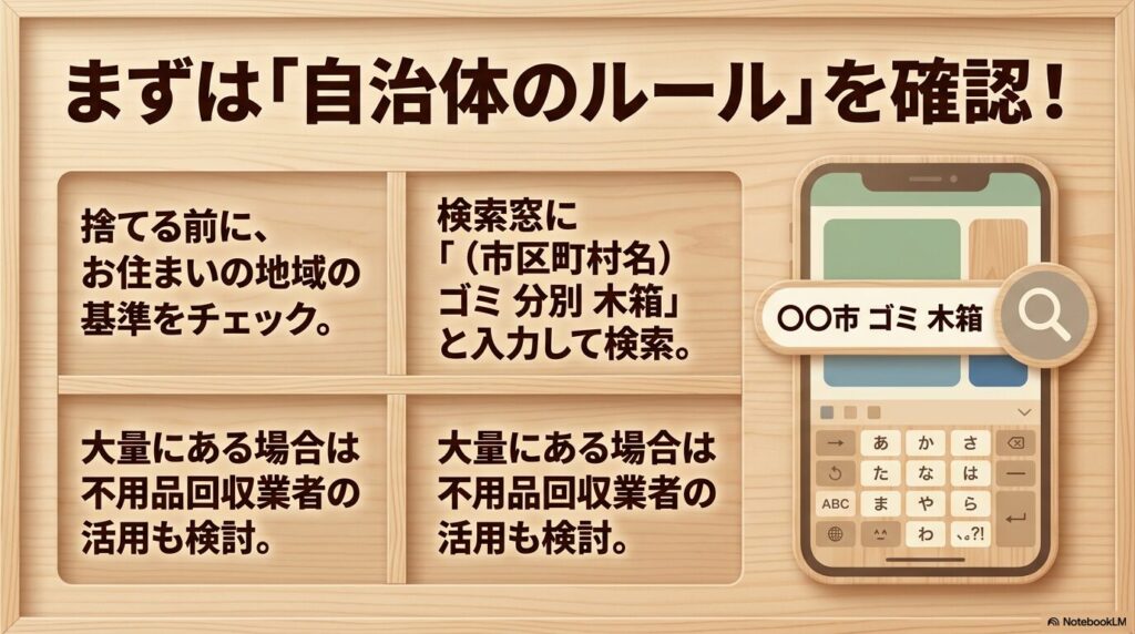 そうめん木箱を捨てる前に、自治体のルールを検索して確認することを推奨するスライド。