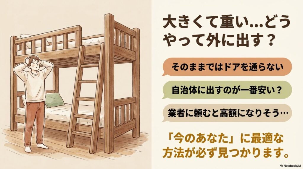 二段ベッド搬出の悩みと、解決策が見つかることを伝える導入スライドです。