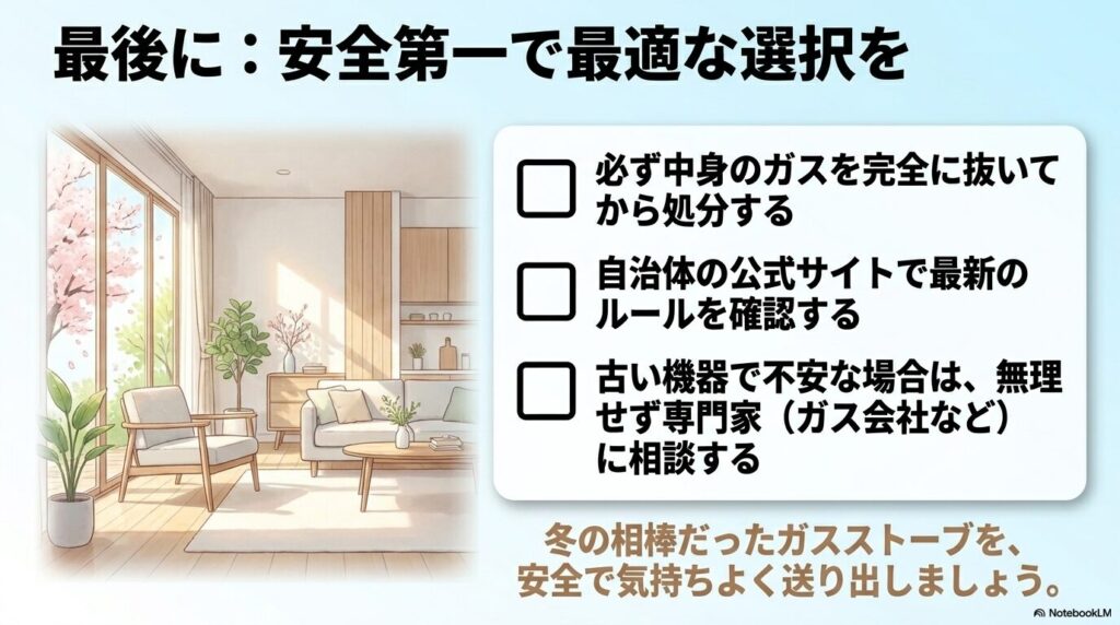 ガスストーブを処分する際の最終確認事項をまとめたチェックリストと、安全な処分を促すメッセージ。