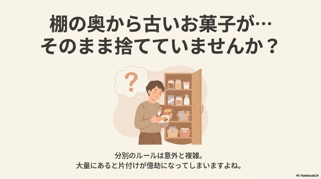 棚の奥で見つかった古いお菓子の処分に困っている状況と、分別の複雑さを説明するスライドです。
