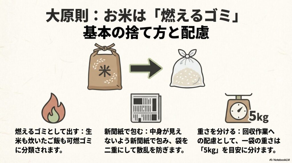 お米は生米も炊いたご飯も可燃ゴミに分類され、5kgを目安に小分けして新聞紙で包んで出すマナーの解説 