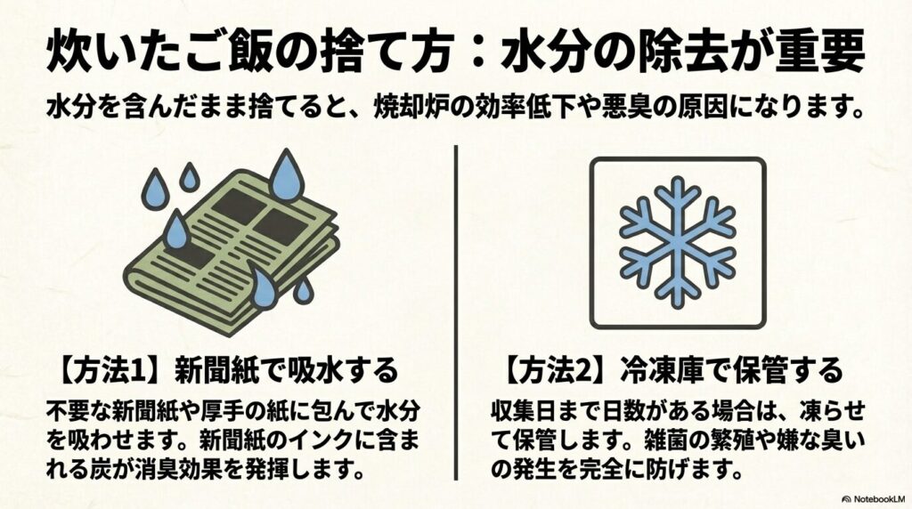 炊いたご飯を捨てる際に新聞紙で吸水する方法や、臭いを防ぐために冷凍庫で保管する手順の図解