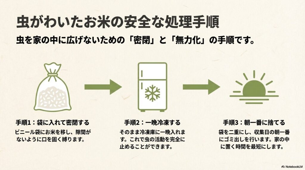 虫がわいたお米をビニール袋で密閉し、一晩冷凍して活動を止めてから朝一番にゴミ出しする手順