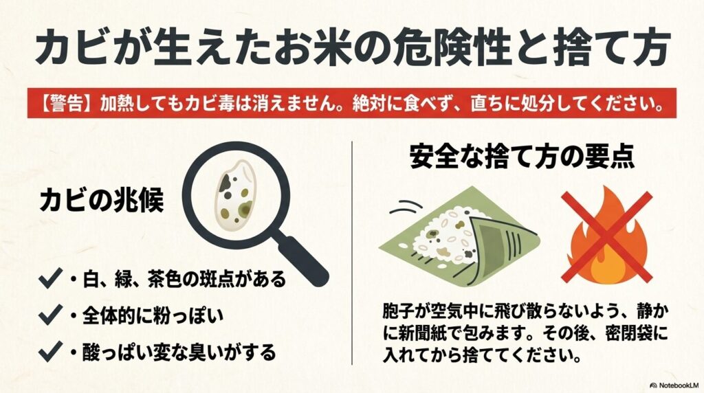 カビのサイン（斑点、粉っぽさ、異臭）と、胞子が飛ばないよう静かに新聞紙で包んで密閉処分する手順 