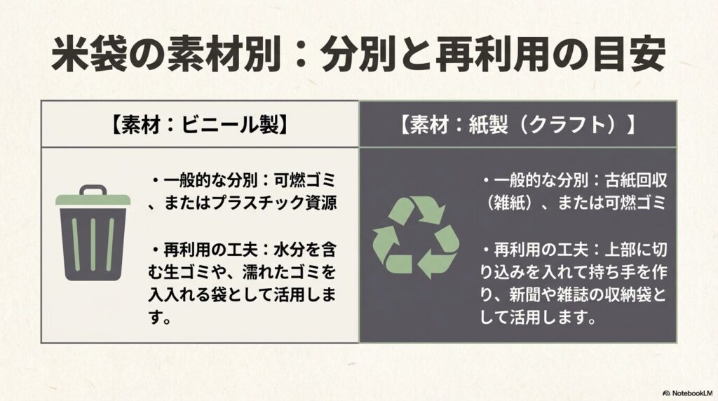 ビニール製と紙製（クラフト）の米袋の分別方法と、生ゴミ入れや収納袋として再利用するアイデアの比較表