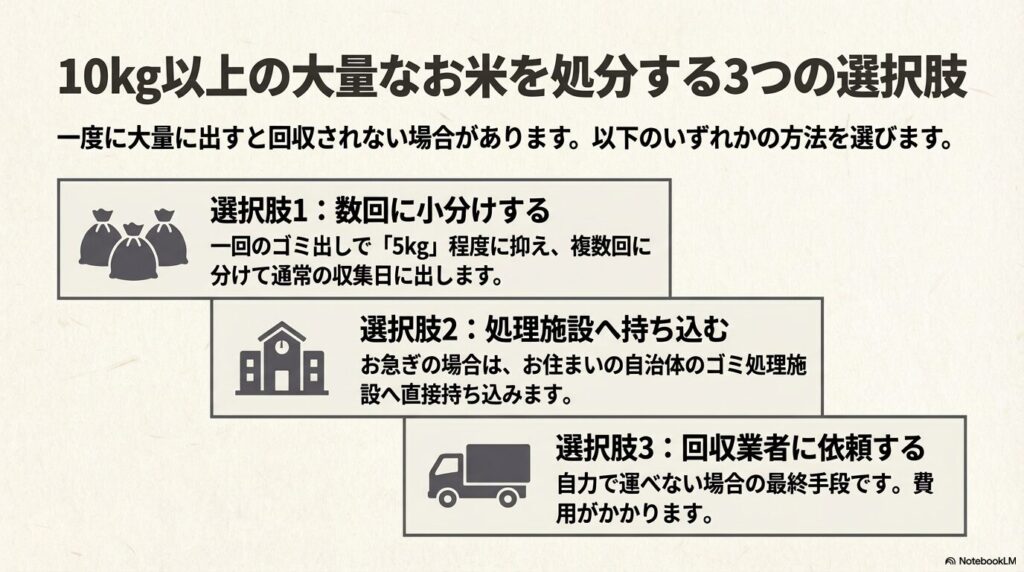 10kg以上のお米を処分する際の、数回への小分け、処理施設への持ち込み、回収業者への依頼という3つの方法 