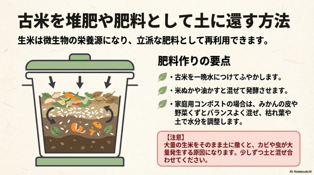 古米を水でふやかし、米ぬか等と混ぜて発酵させる手順と、カビ・虫を防ぐための注意点