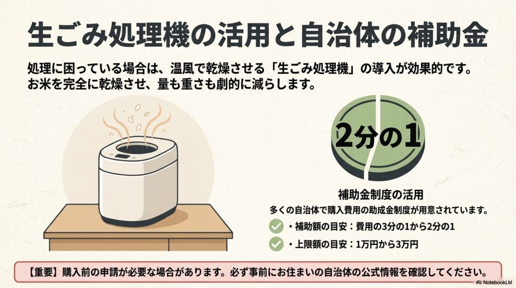 生ごみ処理機による乾燥処理のメリットと、購入費用の3分の1から2分の1が助成される補助金制度の案内 