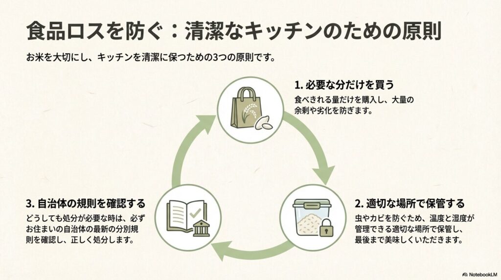 必要な分だけ買う、適切に保管する、自治体の規則を確認するというお米を大切にするための3つの原則
