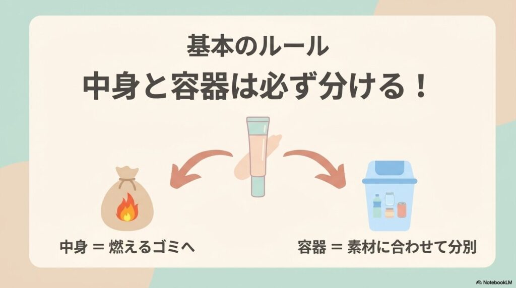 捨てる際の基本ルールとして、中身は燃えるゴミへ出し、容器は素材に合わせて分別するという分別の重要性を強調しています。