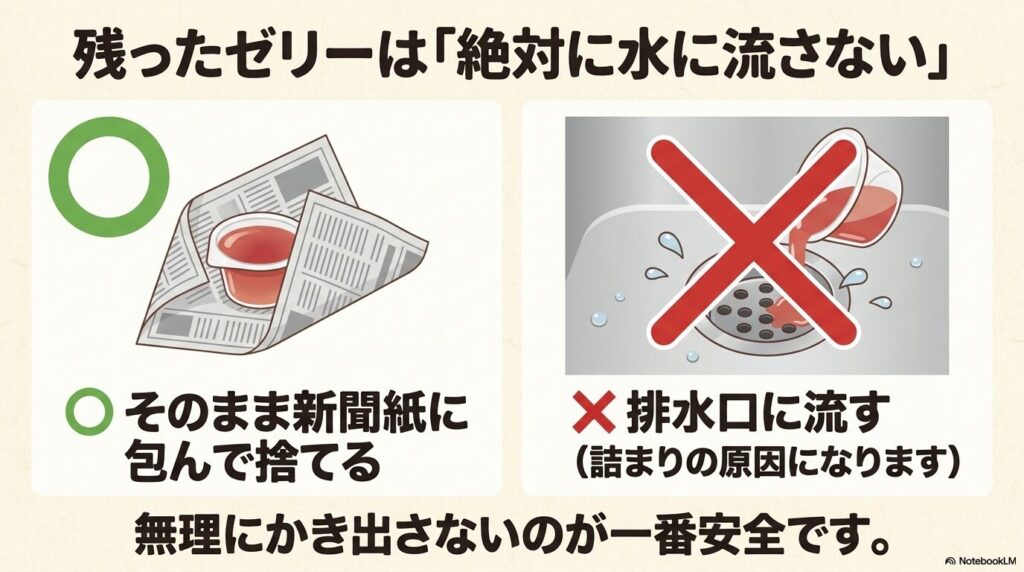 残ったゼリーは排水口に流さず、新聞紙に包んで捨てるのが安全であることを、図解で説明しています。