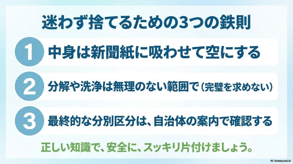 シャンプー容器を迷わず捨てるための、中身の処理、洗浄の程度、自治体ルールの確認という3つの鉄則です。