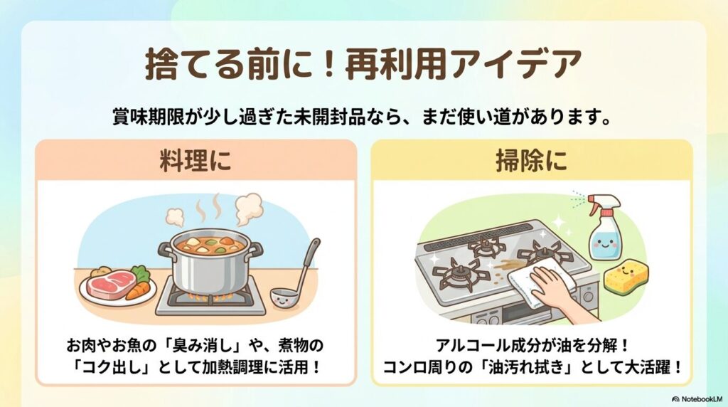 未開封なら加熱調理での臭み消しやコク出しに使い、掃除ではアルコール成分を活かしてコンロの油汚れ拭きに活用するアイデアの図解