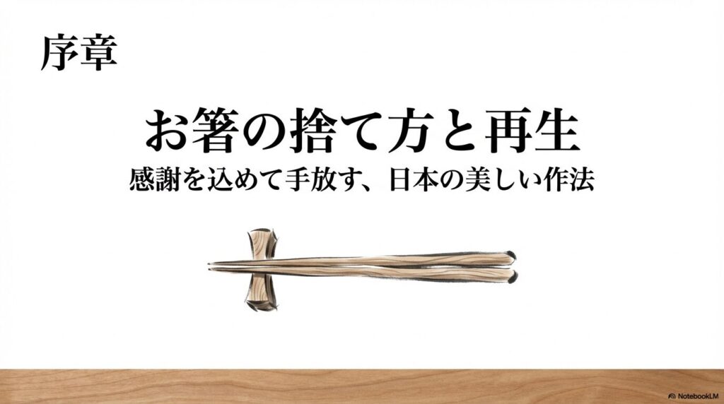 お箸の捨て方完全案内、感謝を込めて正しくお別れを、という文字が入った表紙スライド
