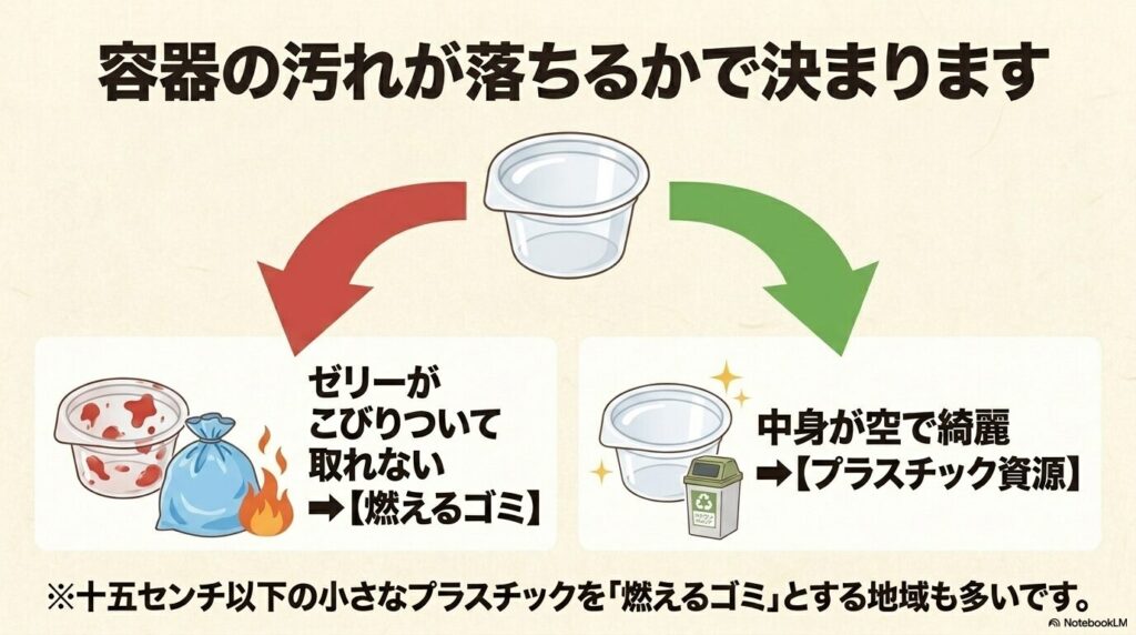 容器の汚れ具合による分別の違いを説明し、汚れが落ちない場合は燃えるゴミ、綺麗な場合は資源ゴミと解説しています。