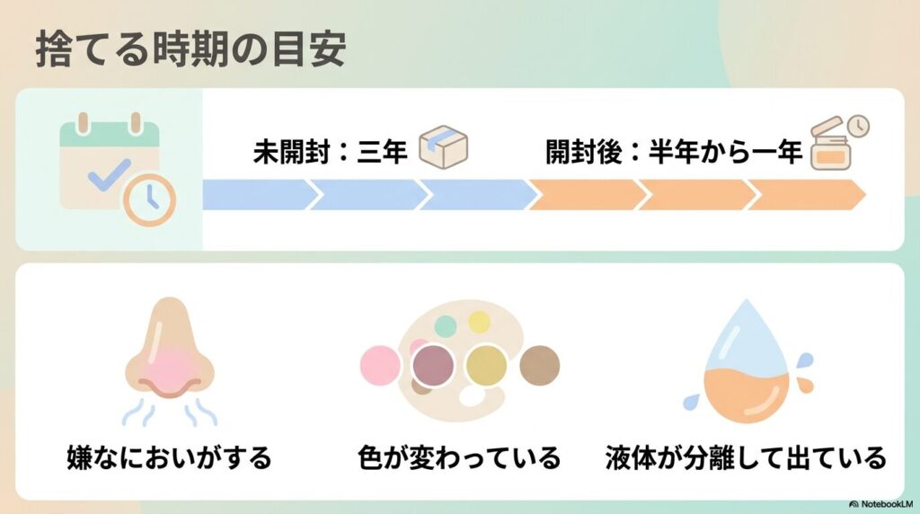コンシーラーを捨てる時期の目安として、使用期限や、臭い・色・分離といった状態の変化による判断基準を説明しています。