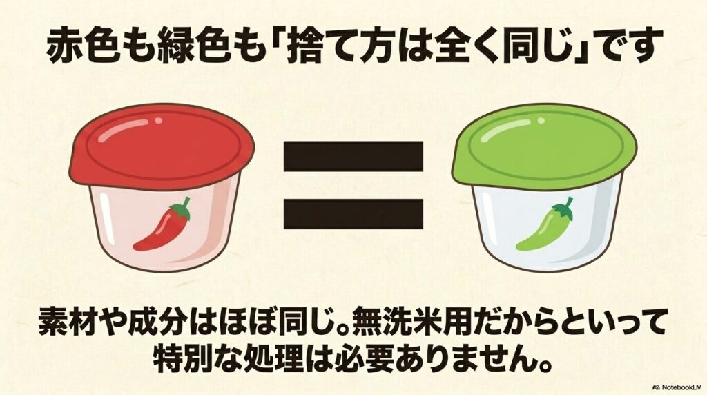 通常の米唐番（赤）と無洗米用（緑）で捨て方に違いはなく、どちらも同じ方法で処分できることを説明しています。