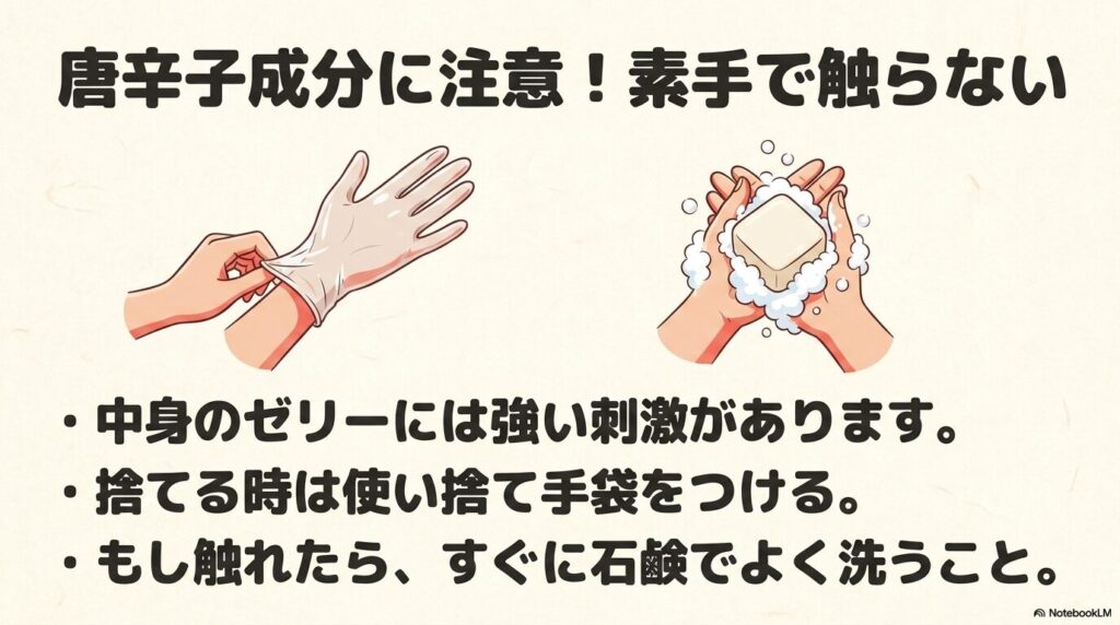 唐辛子成分の刺激に注意し、処分時は使い捨て手袋を使用することや、触れた場合は石鹸で洗うよう促しています。