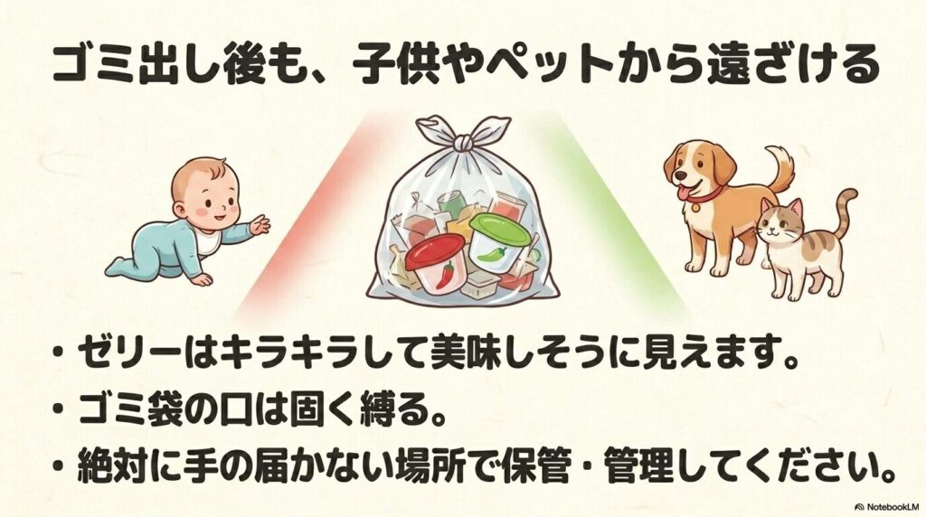 誤飲を防ぐため、ゴミ出し後も子供やペットの手が届かない場所に保管し、ゴミ袋を固く縛るよう注意喚起しています。