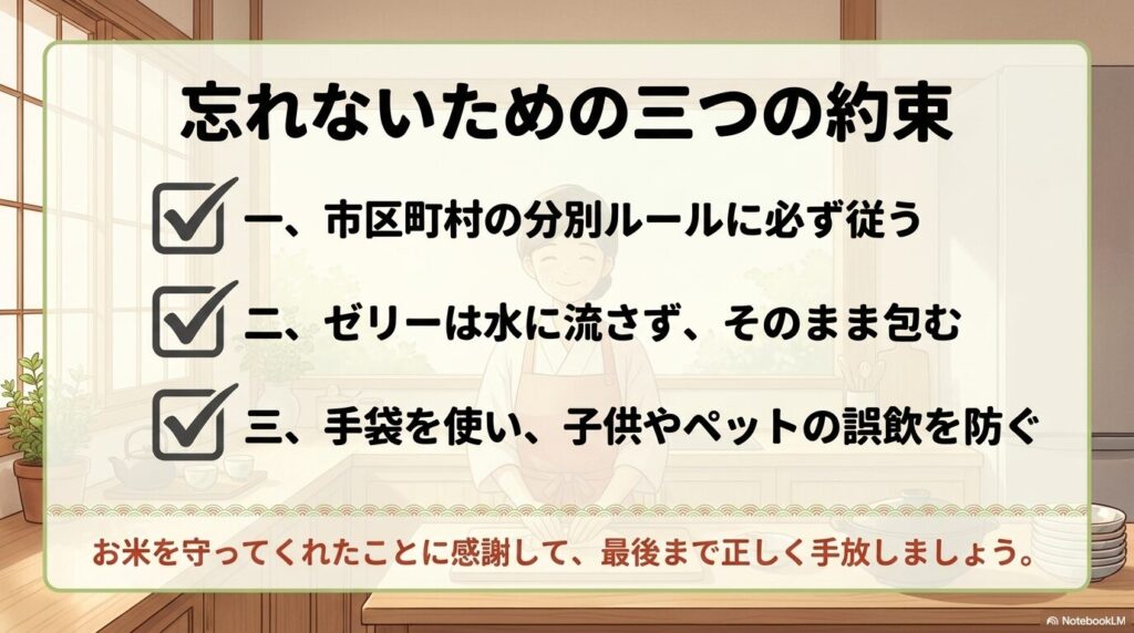 分別ルールの遵守、水に流さないこと、安全対策の3つの約束をまとめ、感謝して処分することを伝えています。