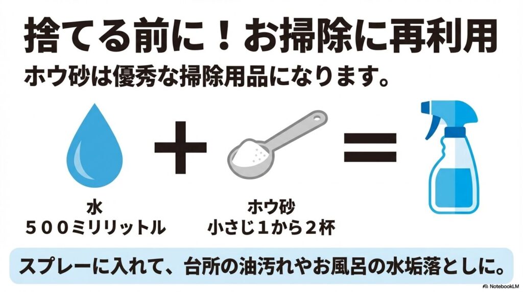 ホウ砂のお掃除再利用アイデア ホウ砂を優秀な掃除用品として再利用するため、水500ミリリットルに対して小さじ1から2杯を混ぜてスプレーにし、台所の油汚れやお風呂の水垢落としに活用する方法を示すスライド