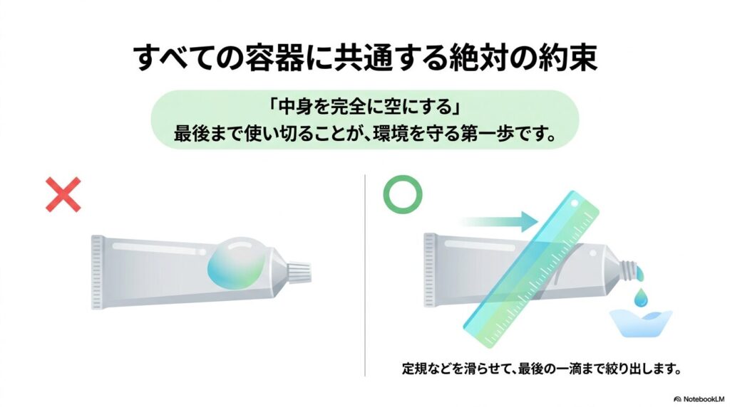 全ての容器に共通する「中身を完全に空にする」という原則と、定規を使って絞り出すコツを説明しています。