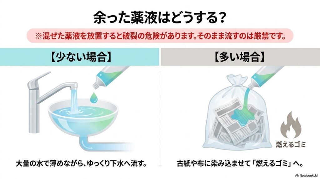 余った薬液の処理方法を、少量の場合（水で流す）と多い場合（紙に染み込ませて燃えるゴミ）に分けて解説しています。