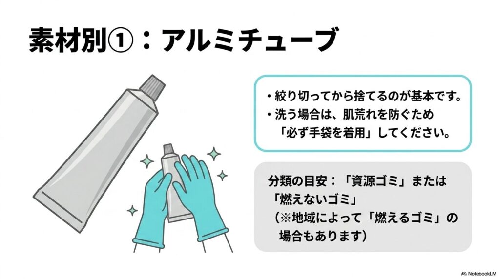 アルミチューブの捨て方を説明しており、絞り切ること、洗う際は手袋を着用すること、分別区分を案内しています。