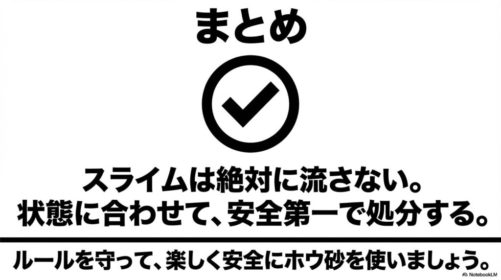 ホウ砂の処分まとめ まとめとして、スライムは絶対に流さないことや、状態に合わせて安全第一で処分し、ルールを守って楽しく使うことのおさらいをするスライド