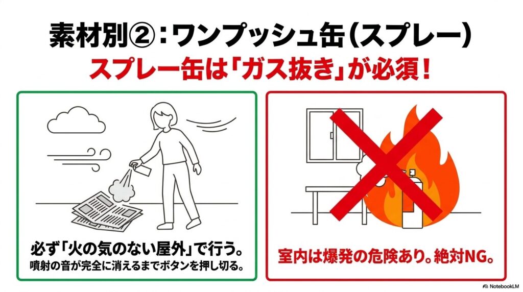 スプレー缶のガス抜きは必須であり、必ず火の気のない屋外で行い、室内は絶対NGであると注意喚起しています。