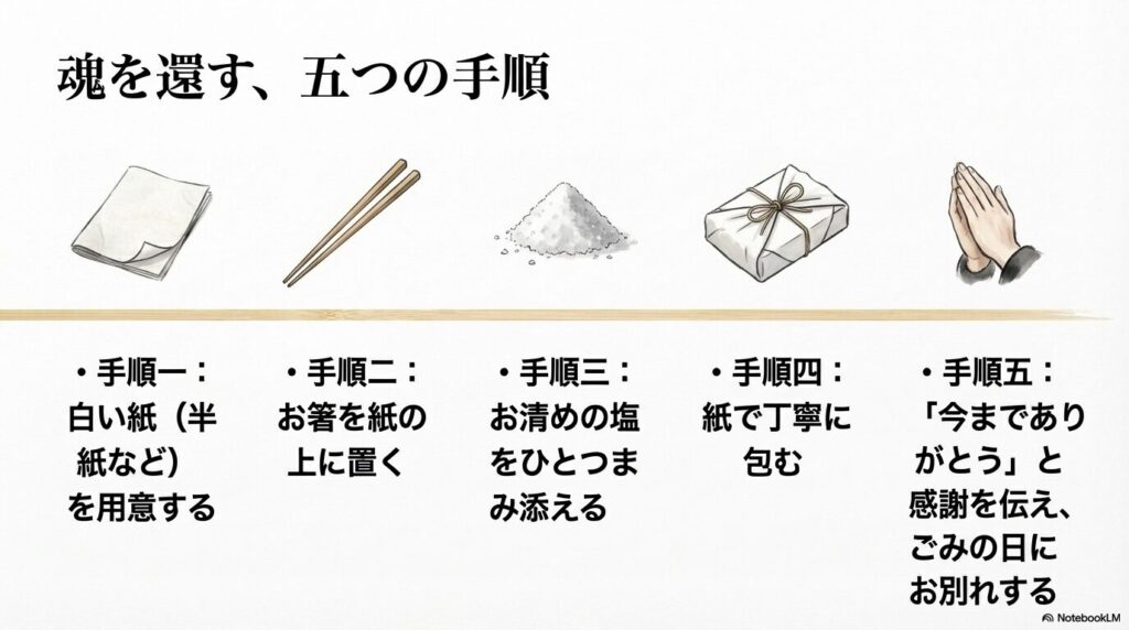 白い紙に置き、塩を添え、感謝を伝えて包むという自宅での処分手順をまとめた図解スライド