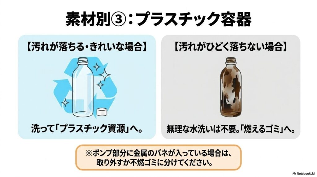 プラスチック容器の捨て方を、汚れの程度に応じて資源ゴミか燃えるゴミに分ける方法を説明しています。