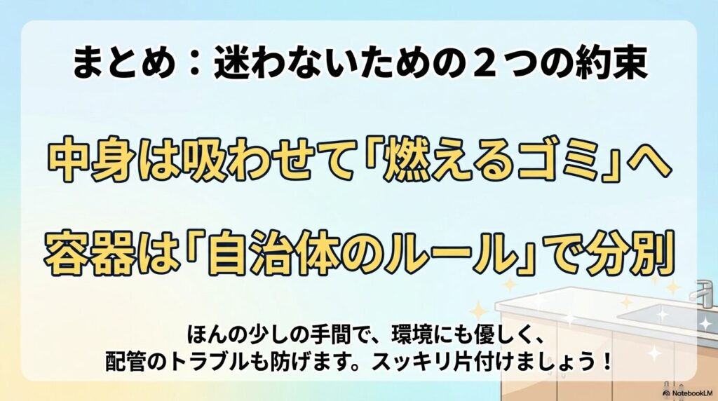 中身は吸わせて燃えるゴミへ、容器は自治体のルールで分別するという、環境と配管を守るためのまとめスライド