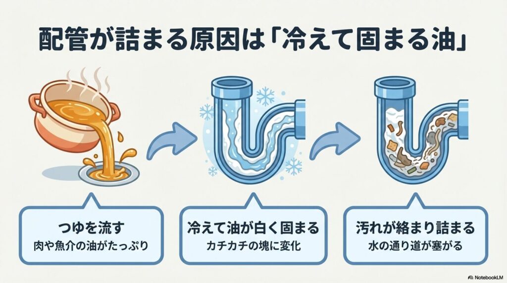 鍋のつゆを排水口に流さないよう注意を促し、正しい処理方法と再利用のコツを解説する表紙スライド