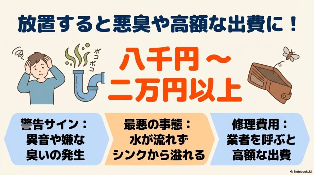 排水管の詰まりを放置した際の悪臭や逆流のリスクと、業者への修理費用が8,000円〜2万円以上かかることを説明。