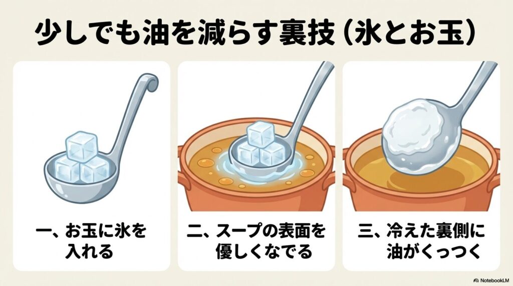 氷を入れたお玉を使用して、スープの表面に浮いた油を冷やし固めて取り除く裏技の3ステップを紹介。