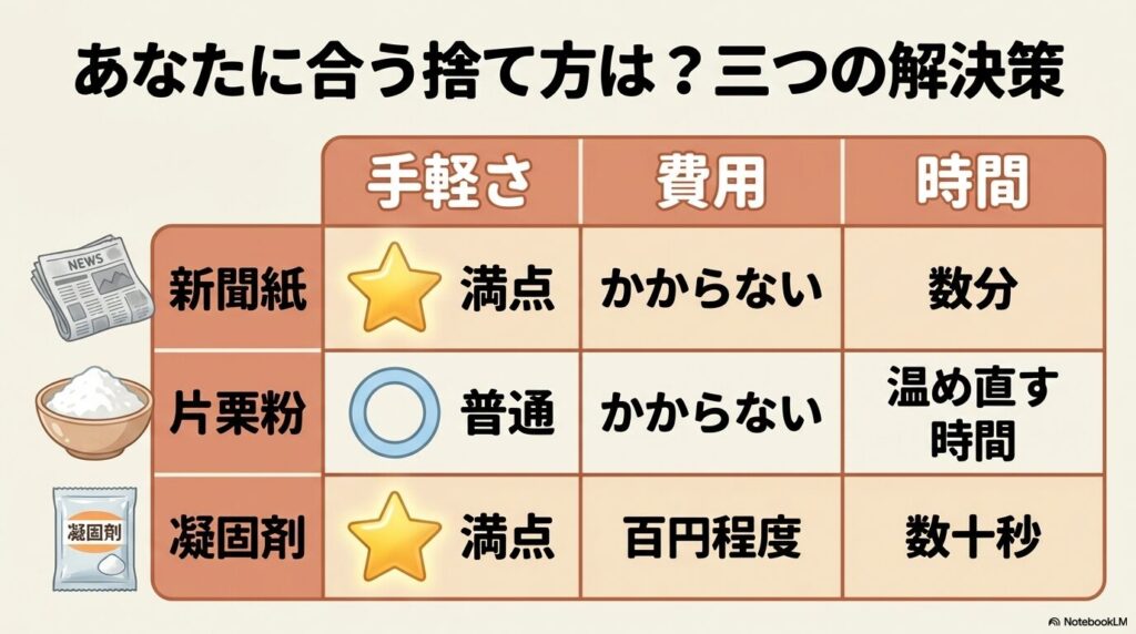 つゆを捨てる3つの方法（新聞紙、片栗粉、凝固剤）を手軽さ、費用、時間の観点から比較した表。