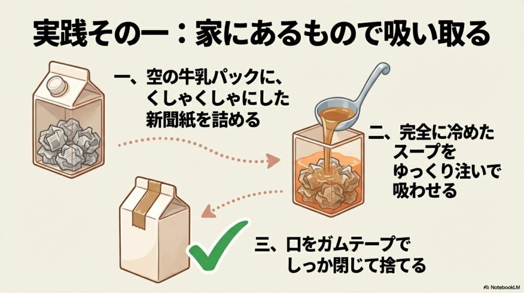 牛乳パックと新聞紙を使い、冷めたスープを吸わせてガムテープで密封して捨てる具体的な手順を説明。