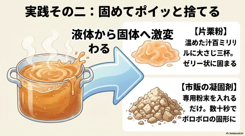 片栗粉や市販の凝固剤を使って、液体状のつゆを固体に変えてから捨てる2つの方法を紹介。