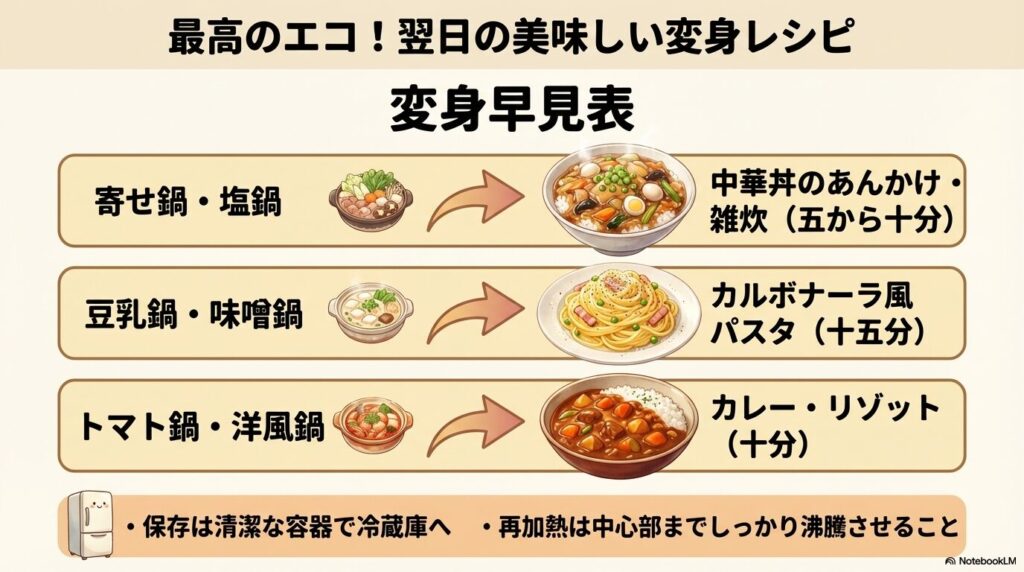 余った鍋のつゆの種類に合わせ、中華丼、パスタ、カレーなど翌日に楽しめるアレンジレシピを紹介。