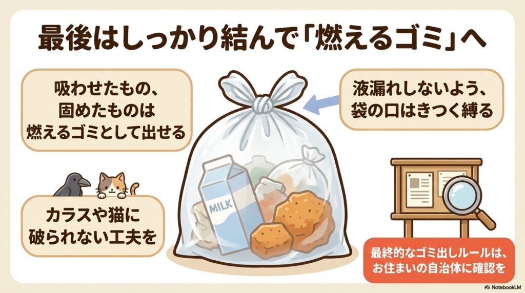 適切に処理したつゆを燃えるゴミに出す際の注意点として、袋を固く結ぶことや自治体のルールの確認を促す。