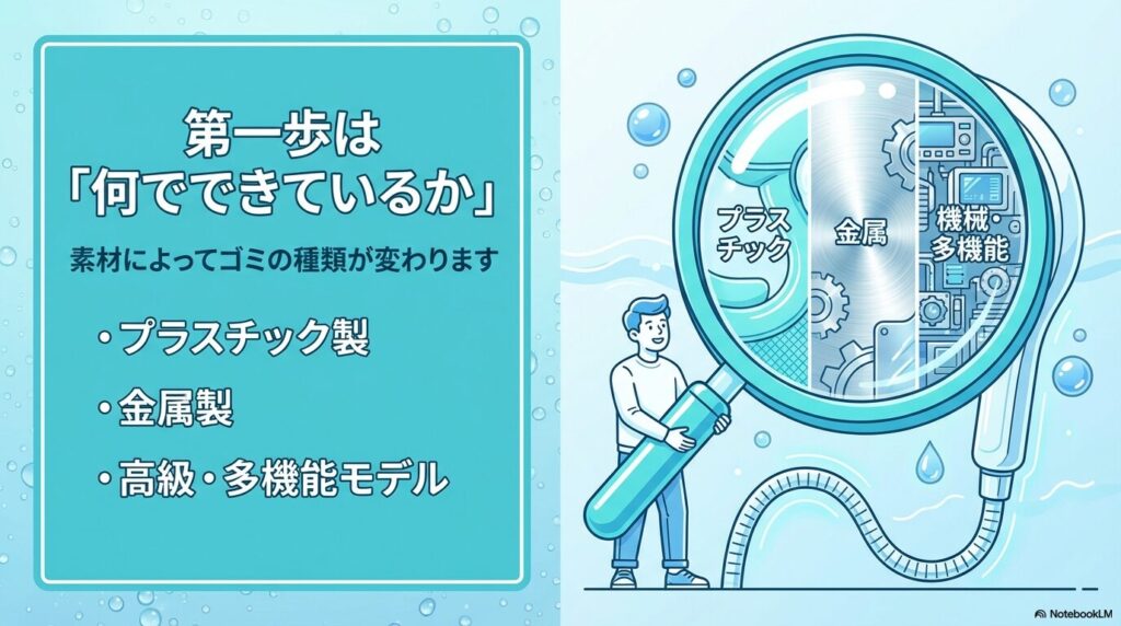 シャワーヘッドの素材（プラスチック、金属、高級・多機能）によってゴミの種類が変わることを説明するスライド。