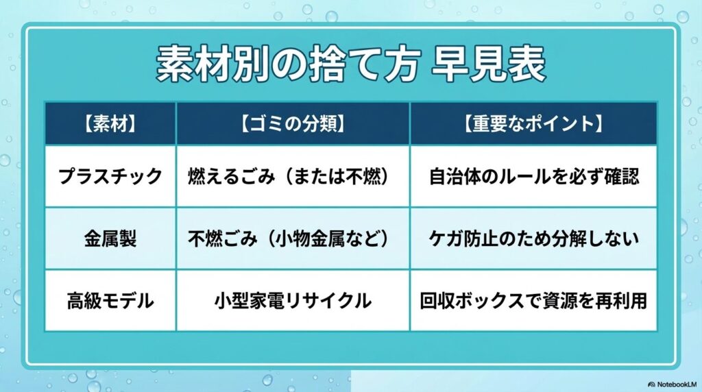 シャワーヘッドの素材（プラスチック、金属、高級・多機能）によってゴミの種類が変わることを説明するスライド。