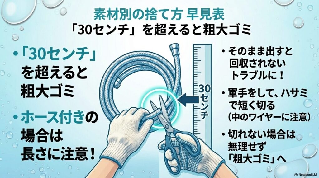 30センチを超えるシャワーホースは粗大ゴミになるため、短く切るかそのまま出す際の注意点を説明。