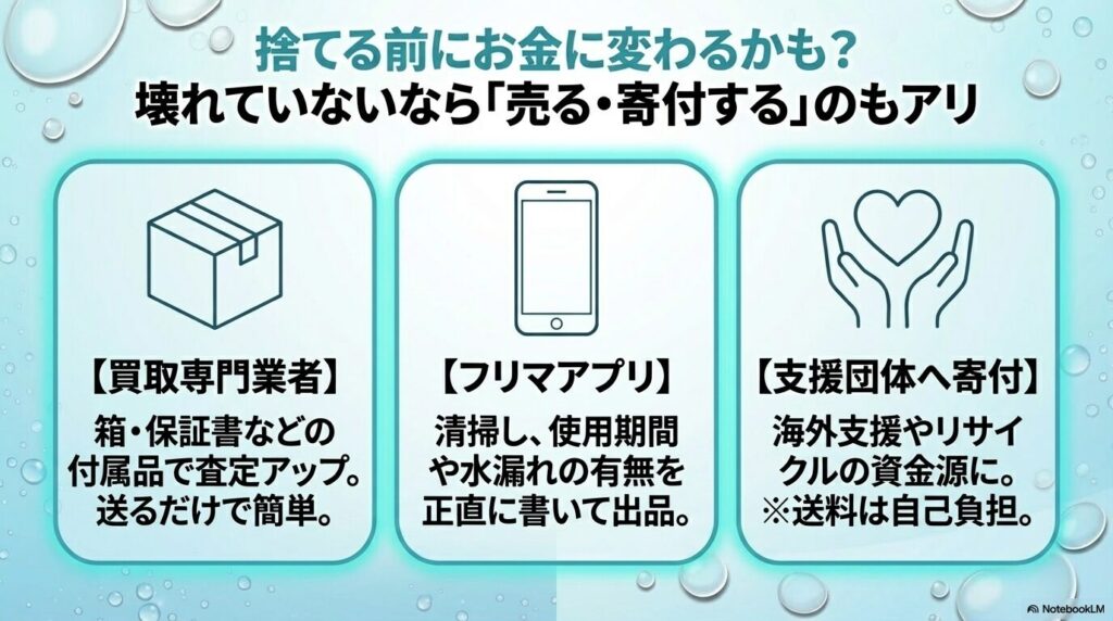 壊れていないシャワーヘッドの処分方法として、買取業者、フリマアプリ、寄付の3つの選択肢を提案。