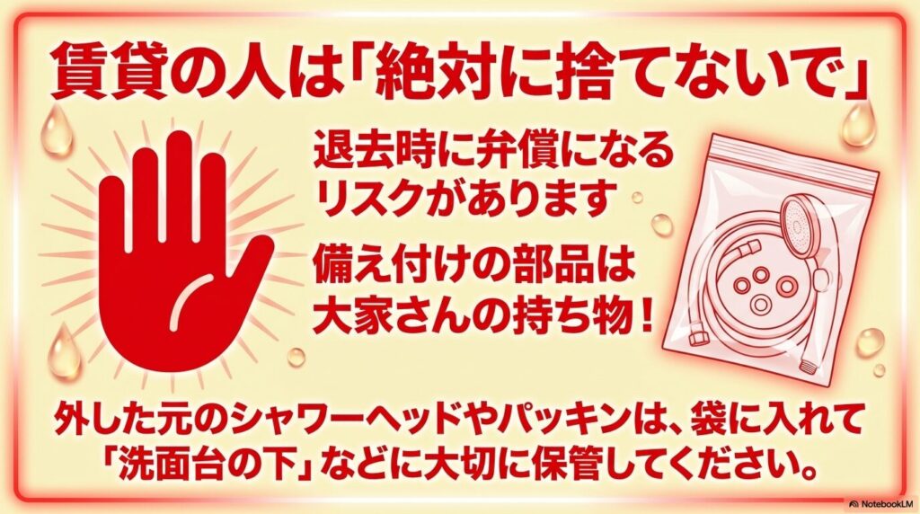 賃貸物件の備え付けシャワーヘッドは大家さんの所有物のため、捨てずに保管するよう警告するスライド。