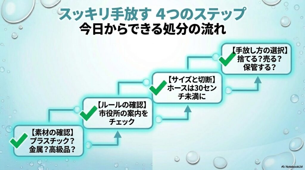 シャワーヘッドをスッキリ手放すための4つのステップ（素材確認、ルール確認、サイズ確認、方法選択）のまとめ。