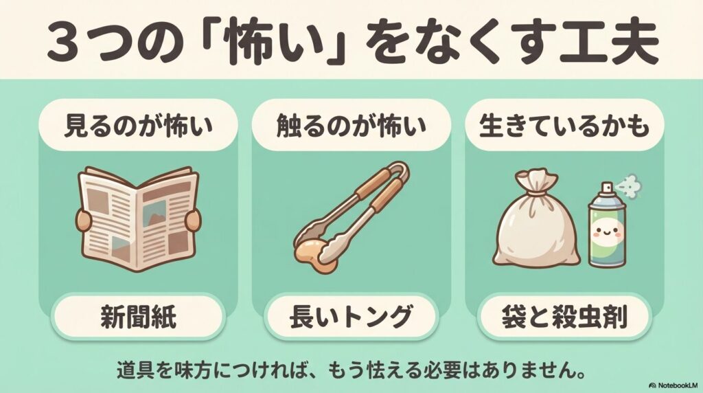 捕獲器の処分における3つの不安（見る、触る、生存）と、それを解決する道具を紹介しています。